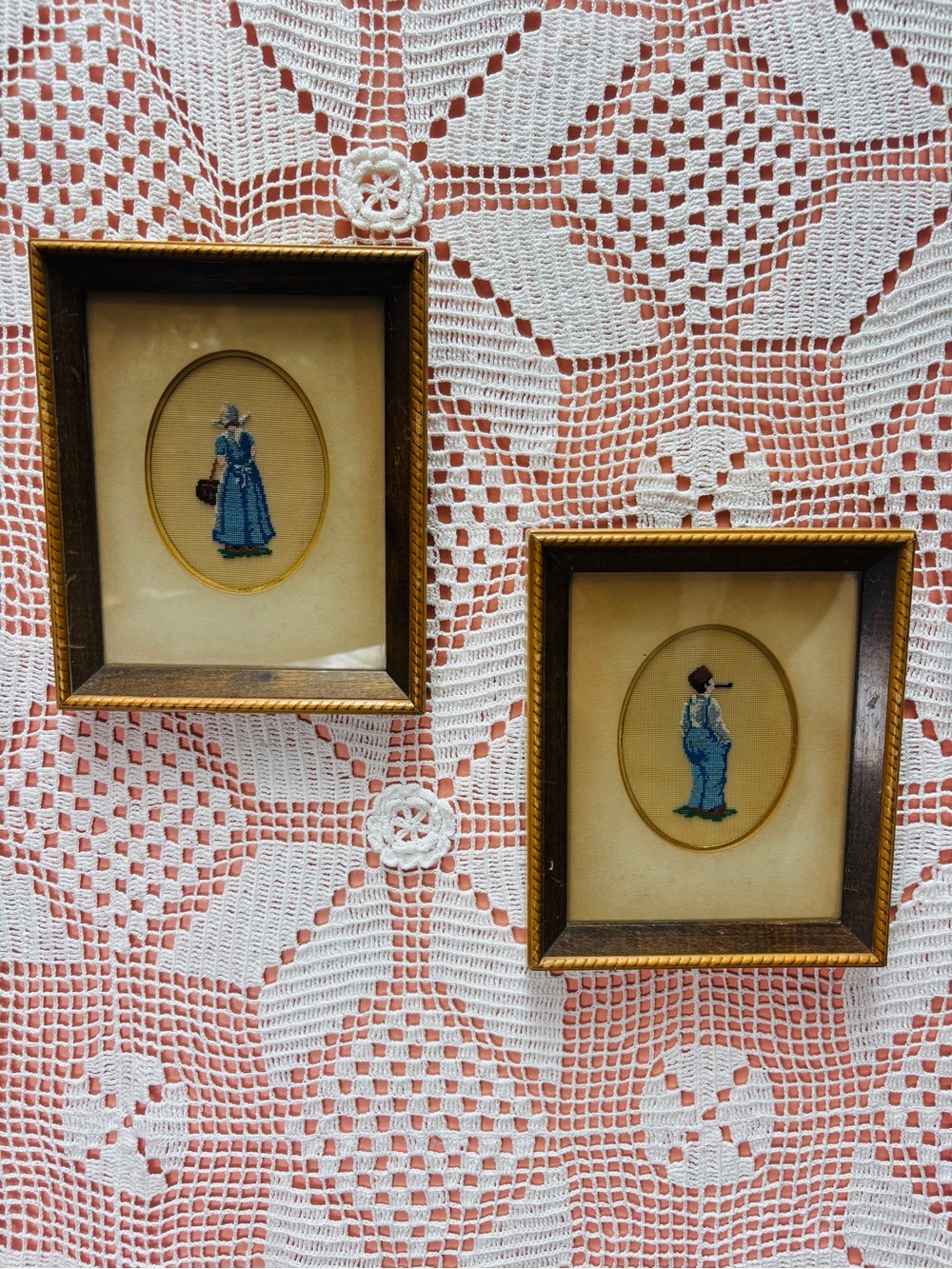Vintage 1940s Framed Cross Stitch Pair|Original Frame Shop Frames|Cottagecore
